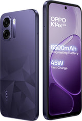 Oppo K14x 5G smartphone showing front and back views with specifications.